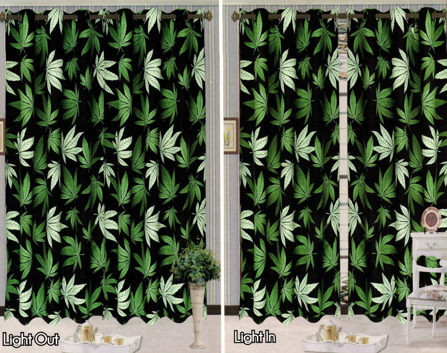 Blackout Grommet Window Curtain Set Black Green Marijuana Leaf