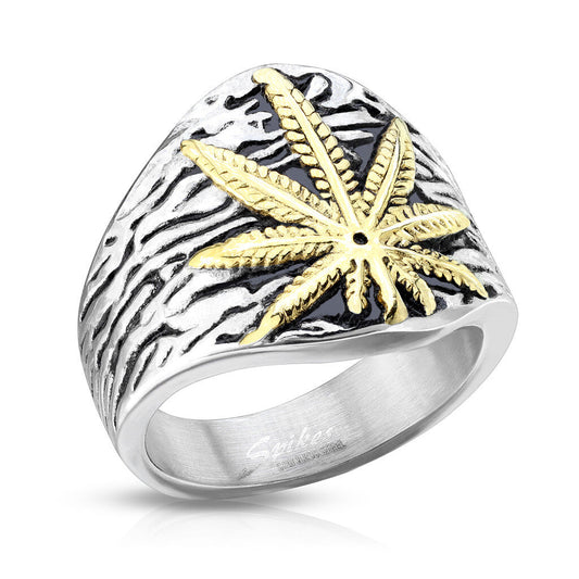 Stainless steel pot leaf cannabis ring with gold-tone leaf design.