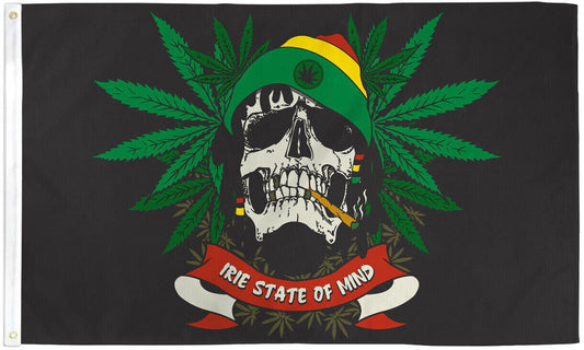 3X5 Rastafarian Skull flag with marijuana leaf design and "Irie State of Mind" text.