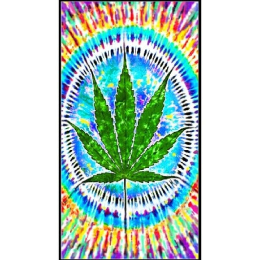 Pot Leaf Tie Dye beach towel with colorful circular design.