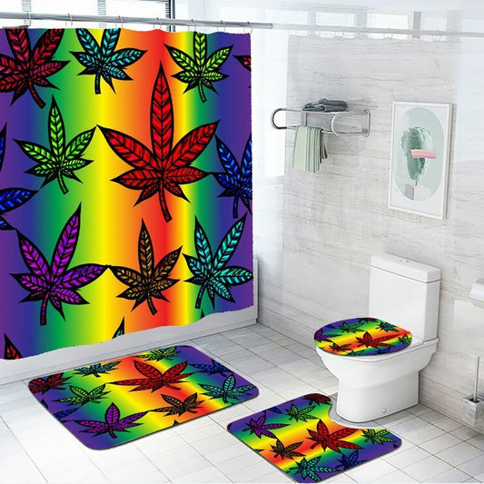 Rainbow weed leaf art shower curtain set with non-slip bathroom mat and toilet lid cover.