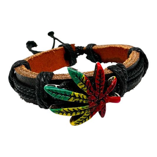 Adjustable black leather bracelet with rasta-colored marijuana leaf charm.