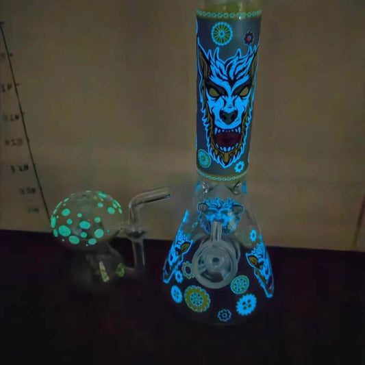 Smoking Water Pipe Glow In the Dark Bong + Glow Glass Hookah Mushroom Bubbler - Maryjanes Bong Shop