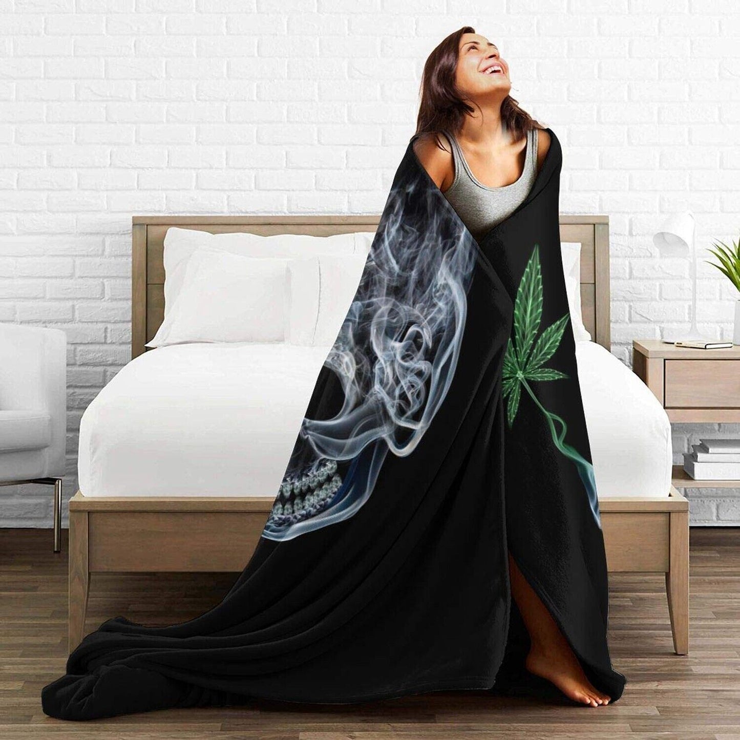 Marijuana Pot Leaf Weed Skull Smoking Fleece Blanket Throw Lightweight Blanke...