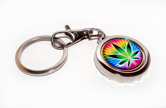 Tye Dye Weed Marijuana Pot Leaf Bottle Cap Opener Key Chain with vibrant colors.
