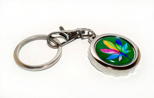 TYE DYE Weed Marijuana Cannabis keychain with bottle cap opener, featuring a vibrant pot leaf design.