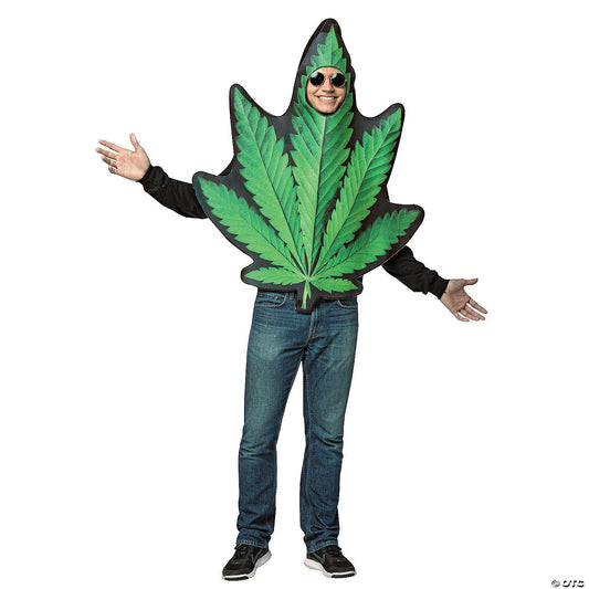 Men's pot leaf costume tunic with realistic leaf design, visible face, arms, and legs.
