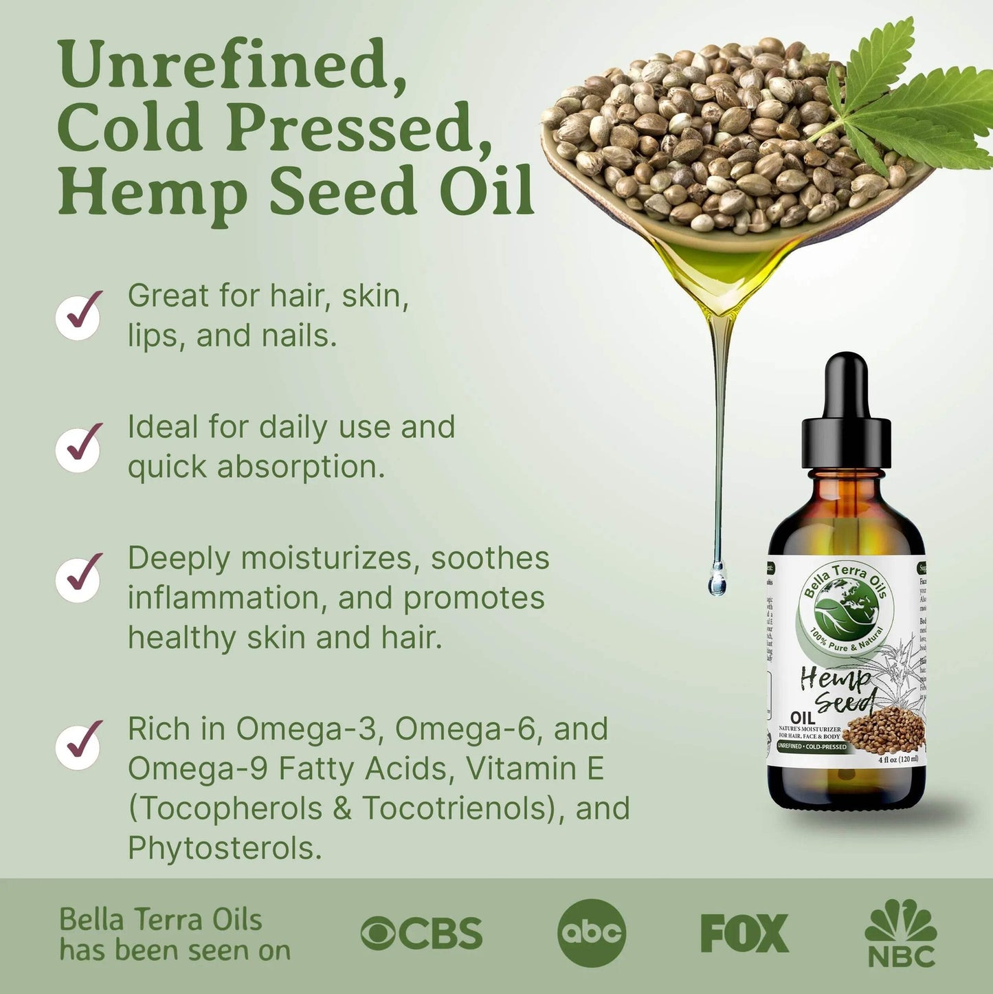 Organic Cold-Pressed Unrefined Hemp Seed Oil 100% Pure Skin Hair Face Nails Care