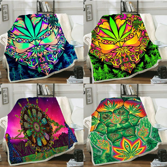 Psychedelic weeds art fleece blanket with colorful 3D prints, warm and unisex travel throw.