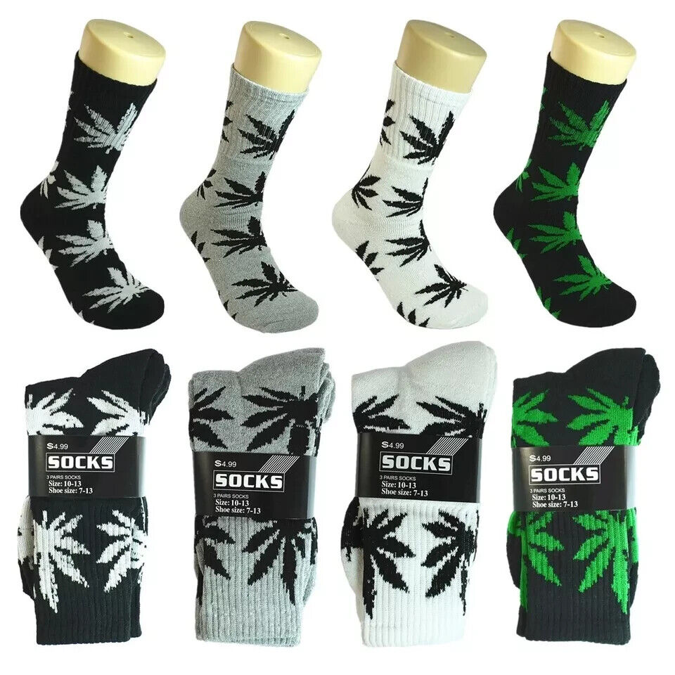12 pairs men's sports leaf weed marijuana crew cotton long socks in black, white, gray, and green, sizes 9-11 and 10-13.