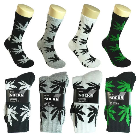 12 pairs men's sports leaf weed marijuana crew cotton long socks in black, white, gray, and green, sizes 9-11 and 10-13.