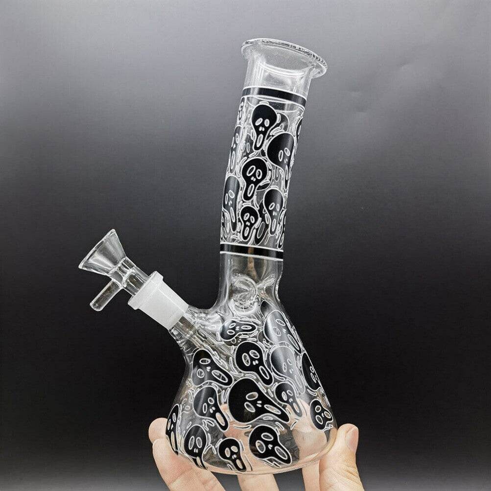 8 inch Glass Bong Black Skull Printed Hookah Smoking Water Pipes Bongs + Bowl US - Maryjanes Bong Shop