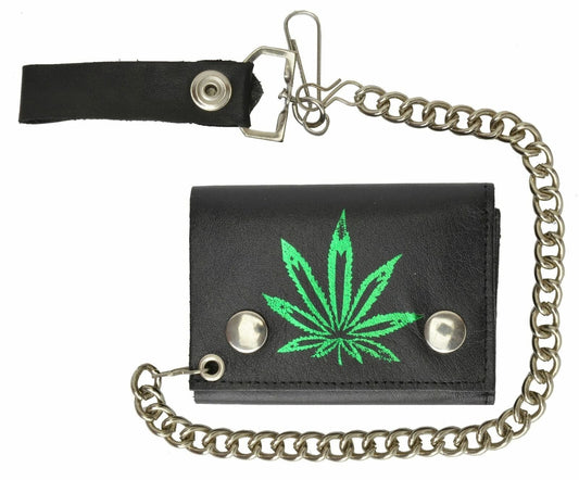 Genuine leather biker trifold wallet with marijuana leaf imprint and chain.