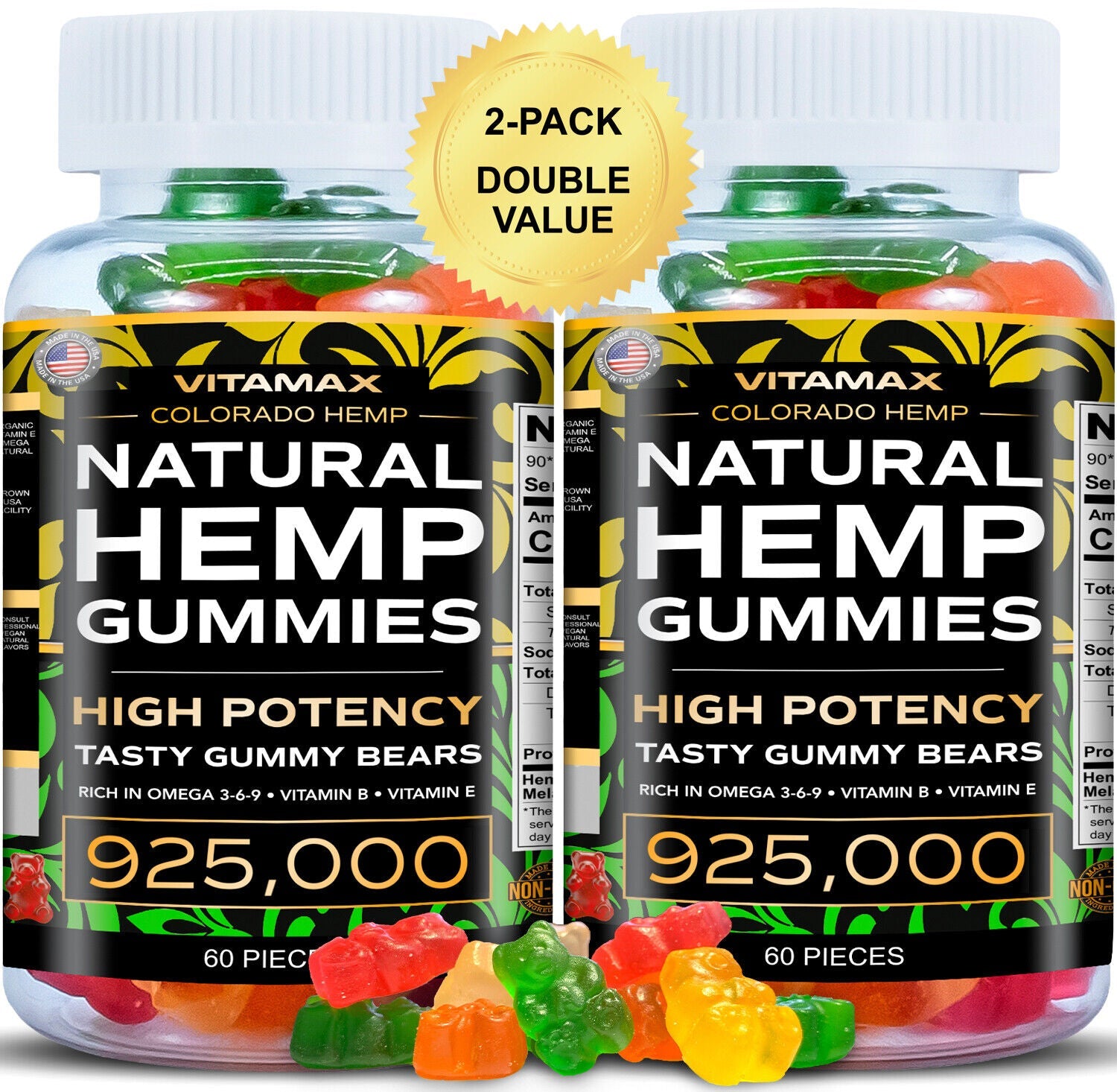 2-pack natural gummies for stress relief, pain, insomnia, anxiety, 120ct.