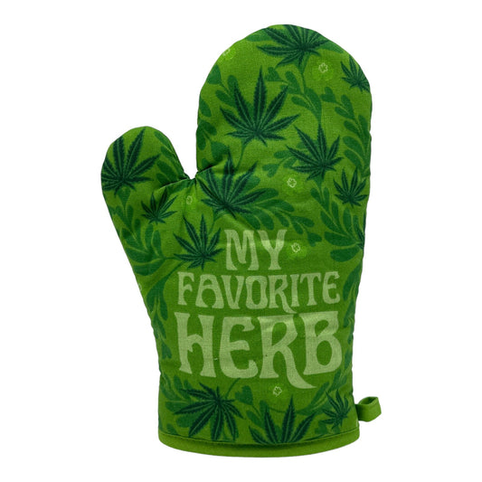 Funny 420 pot leaf oven mitt with "My Favorite Herb" text and novelty design.