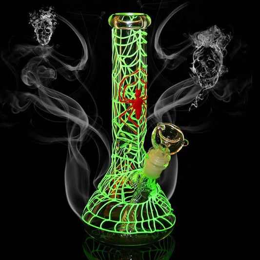 11" glow in the dark spider glass hookah with smoke and web pattern.
