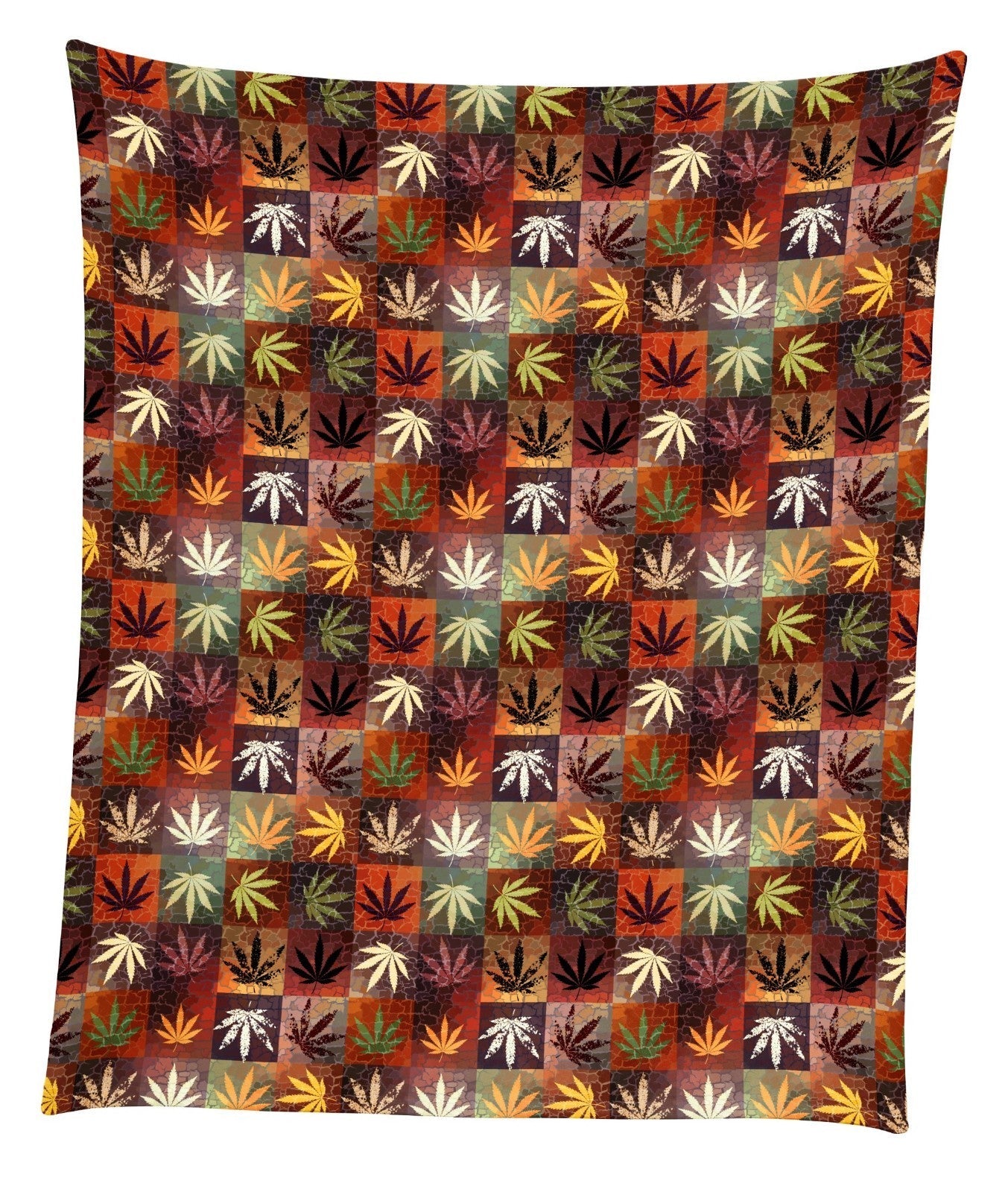 Cannabis grunge hemp leaves microfleece throw blanket in vibrant earthy tones.