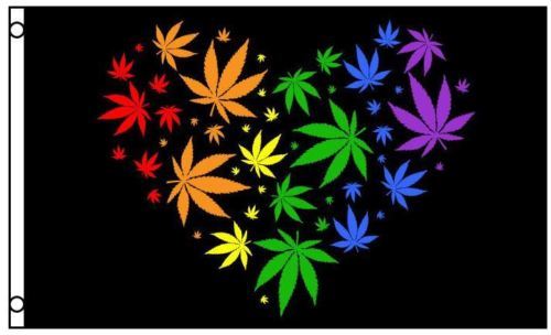 Marijuana leaf rainbow heart flag against black background.