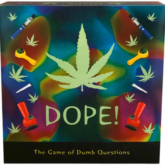 Board game box for "Dope! The Game" featuring a cannabis leaf design and colorful visuals.