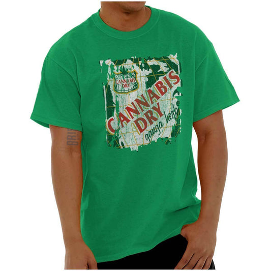 Green crewneck t-shirt with "Cannabis Dry Ganga Ale" graphic, featuring humorous marijuana theme.