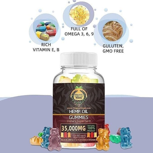 Natural Gummies bottle with colorful gummy bears for sleep, calm, anxiety relief, inflammation, and pain management, rich in Omega 3, 6, 9, vitamins E and B, gluten and GMO-free.