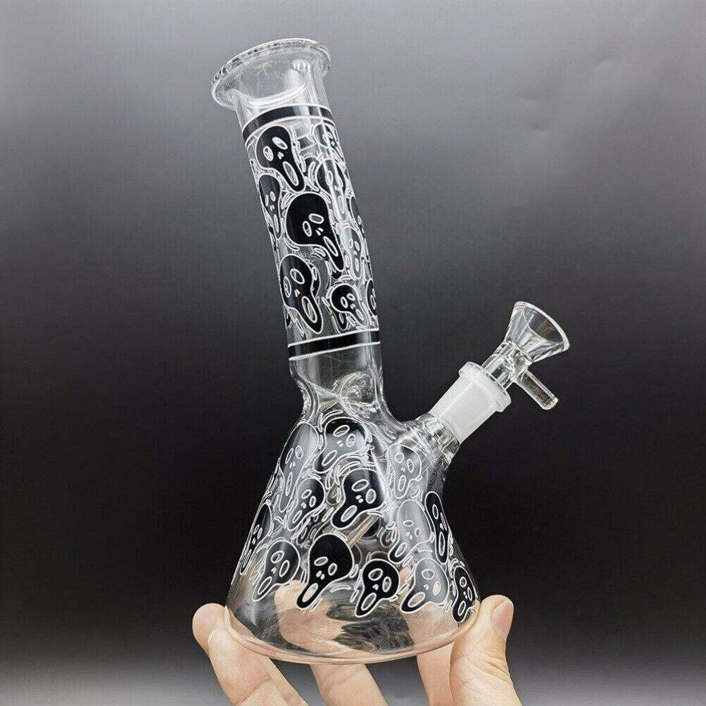 8 inch Glass Bong Black Skull Printed Hookah Smoking Water Pipes Bongs + Bowl US - Maryjanes Bong Shop
