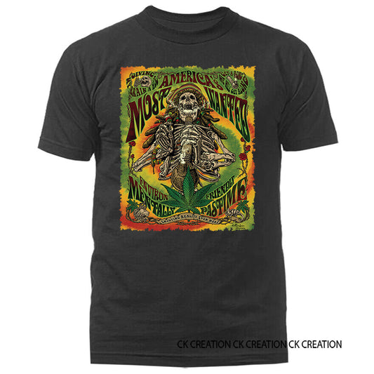Most Wanted Marijuana Weed Cannabis Graphic T-shirt with colorful skeleton design.