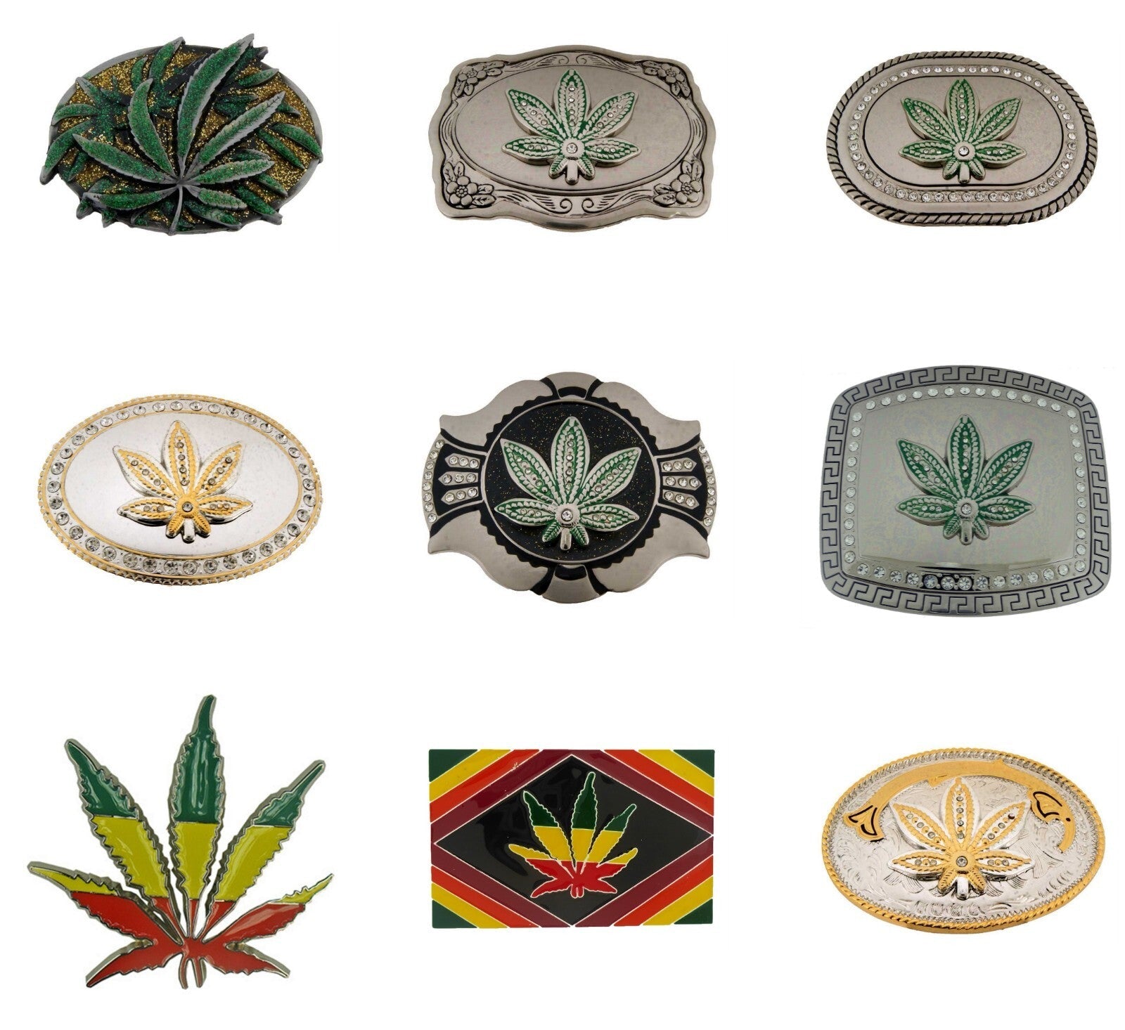Marijuana Leaf Belt Buckles in various designs and reggae colors.