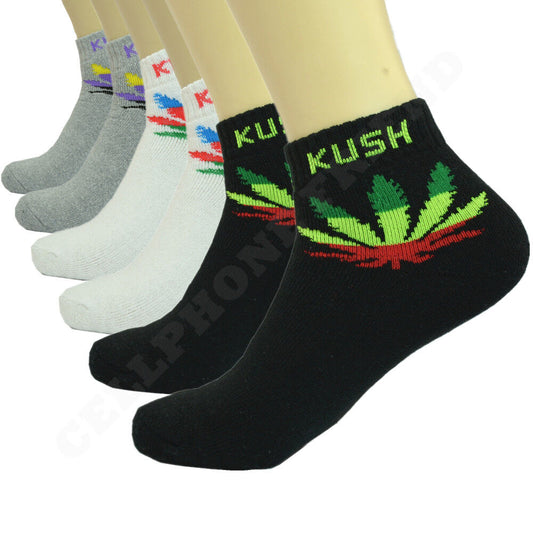 Ankle quarter crew sport socks for men in assorted colors with leaf print, 6 pairs, size 9-13.