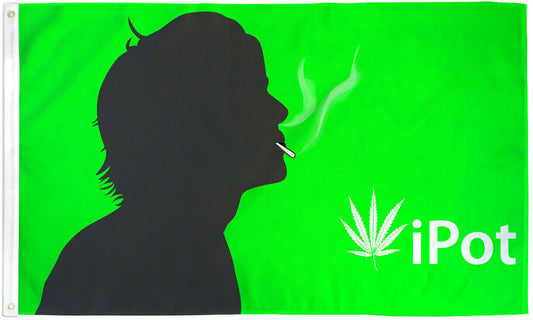 iPot Flag with silhouette smoking, green background, and marijuana leaf design.