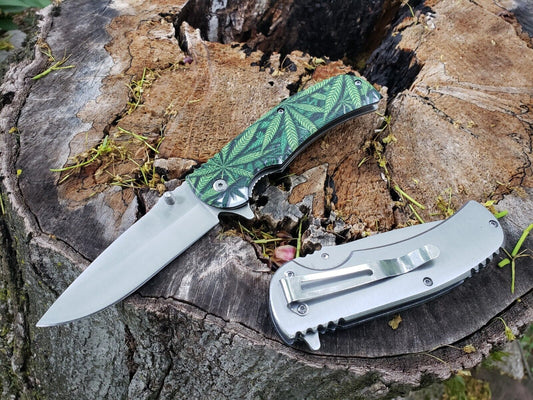 Silver Green Marijuana Cannabis Leaf Print Spring Assisted Pocket Knife Metal