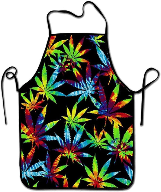 Colorful cannabis leaf kitchen apron for women, tie-dye pattern, adjustable fit.