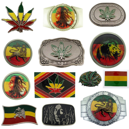 Various marijuana leaf and reggae-themed belt buckles in different shapes and colors.