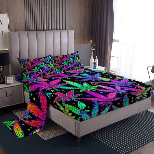 Queen size kids sheet set with cannabis leaf design, includes fitted sheet, flat sheet, and pillowcases.