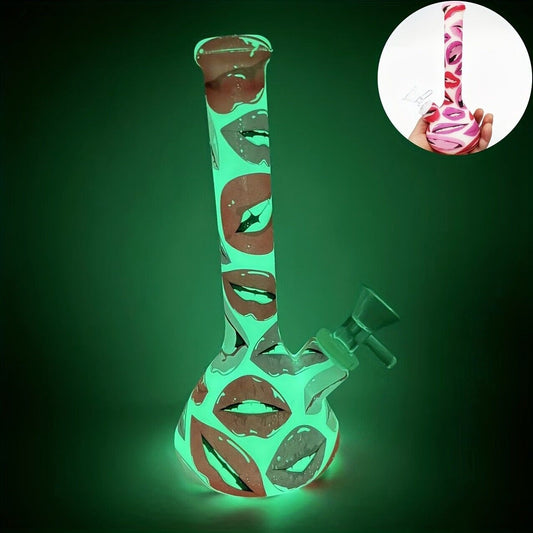 Silicone luminous water pipe with a glowing flaming lips design, 7.5 inches.