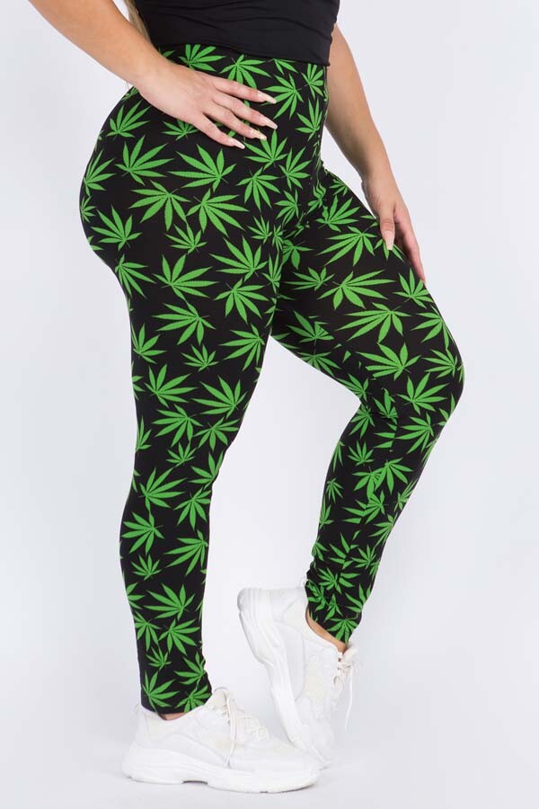 Women’s High Waisted Green Leaf Leggings, Marijuana Print, + Size Option