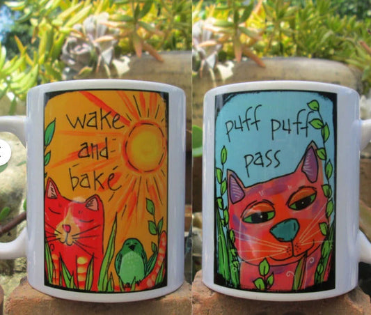 Humorous Stoner 11oz coffee mug with colorful illustrations and "wake and bake," "puff puff pass" lyrics.
