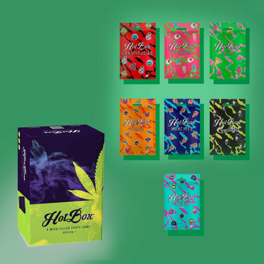 Hot Box Card Game with 7 booster packs featuring comedy and 420-themed content.