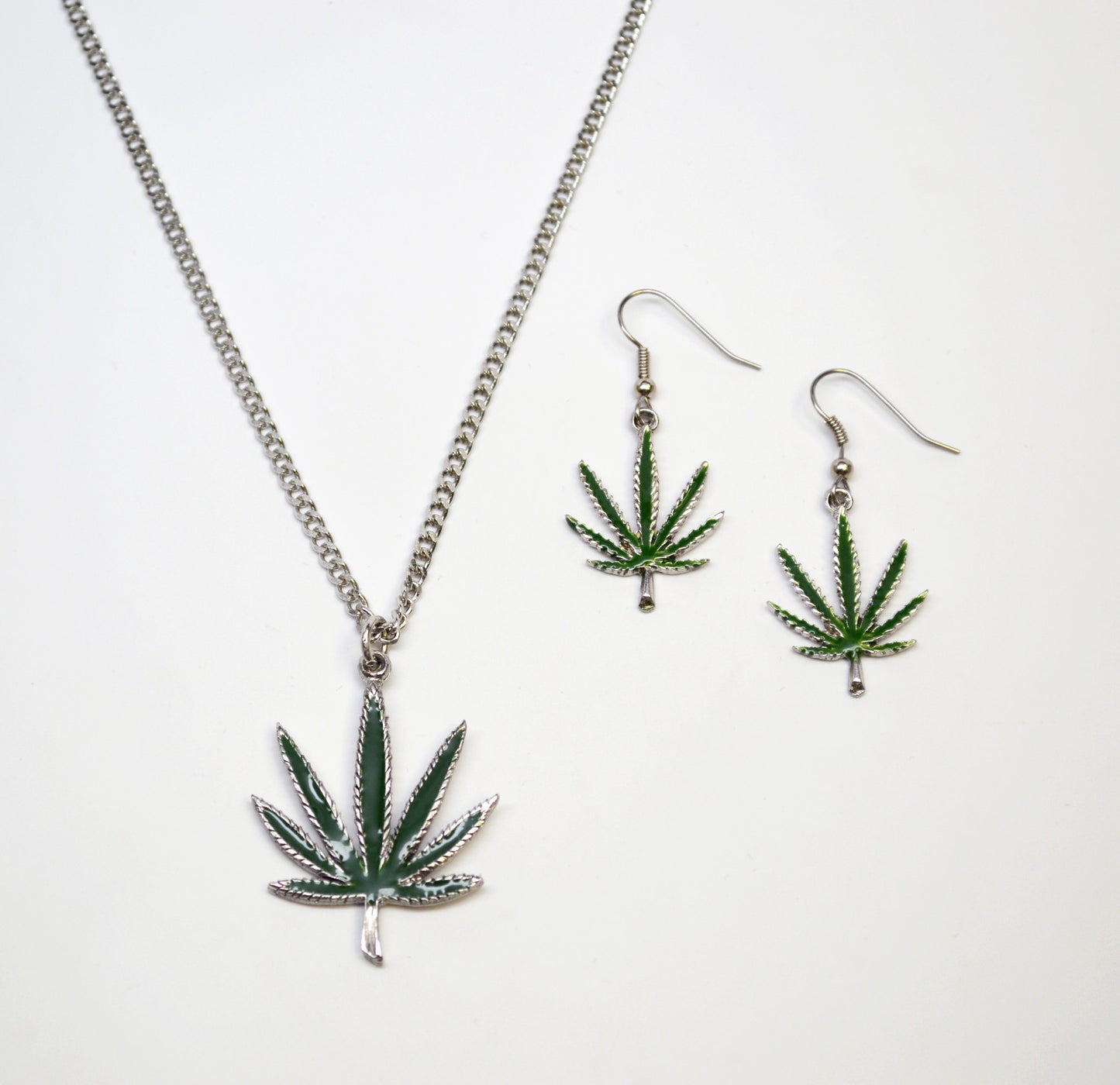 Marijuana Weed Pot Leaf Green Enamel On Pewter Necklace and Earrings Jewelry Set
