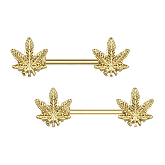 Pierce2GO 14G Gold Marijuana Leaf Nipple Rings made from surgical stainless steel, non-rusting.