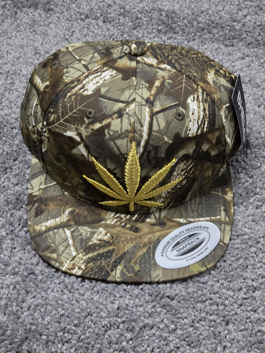 Weed Leaf Camo Hat with flat bill and marijuana design.