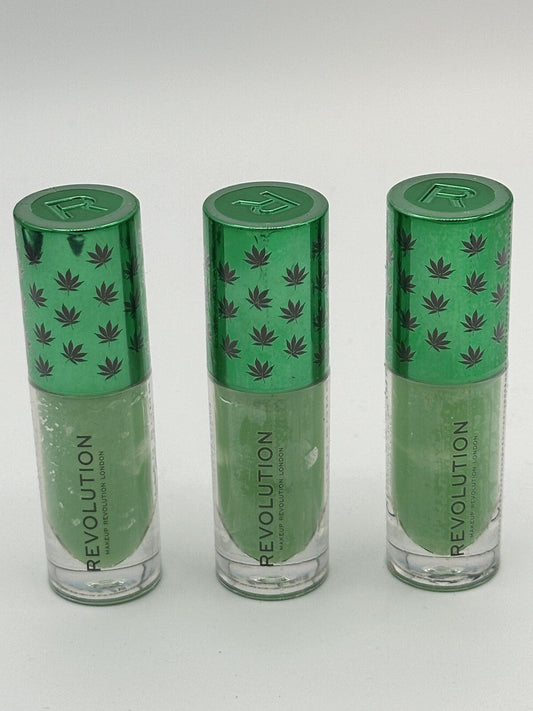 Revolution Good Vibes Chilled Bomb Lip Oil set of 3 vials with green caps and leaf design.