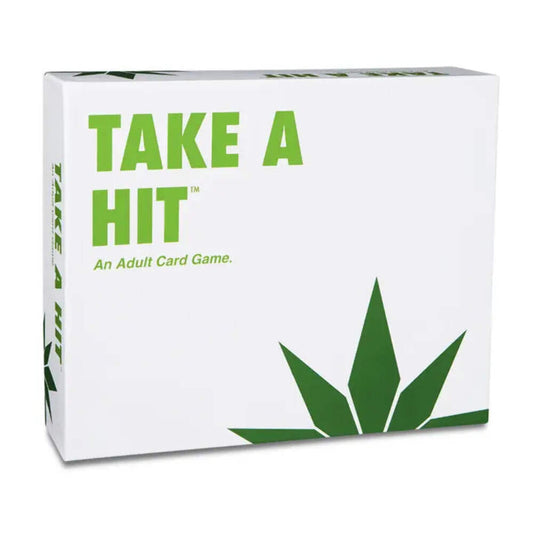 Take A Hit Card Game packaging with green leaf design, adult card game.