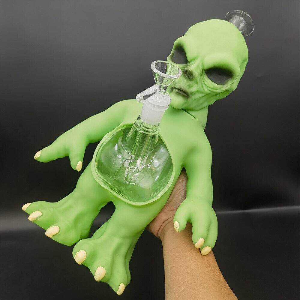 32.4cm Green Ailen Water Pipe Silicone Smoking Hookah Hand Pipes W/ Glass Bowl - Maryjanes Bong Shop