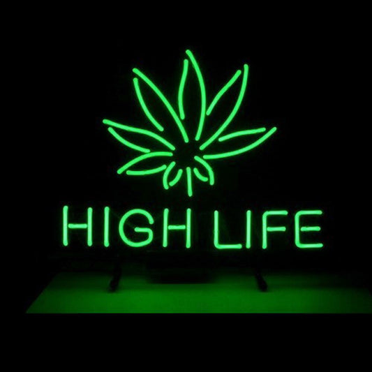 Marijuana hemp leaf neon sign with "High Life" text, green glow, glass tube.