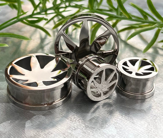 Pot Leaf Screw Fit Tunnels, 316L surgical steel body jewelry gauges.