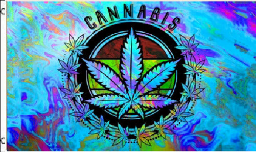 3x5 cannabis weed leaf neon colors flag banner with tie dye background.