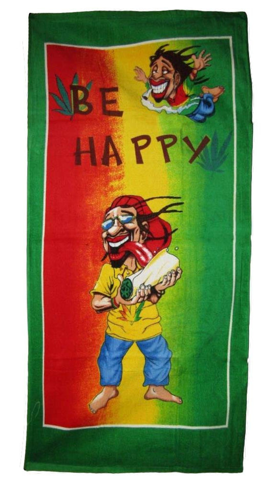 Rasta Weed "Be Happy" pot marijuana beach towel 30x60 cotton twill.