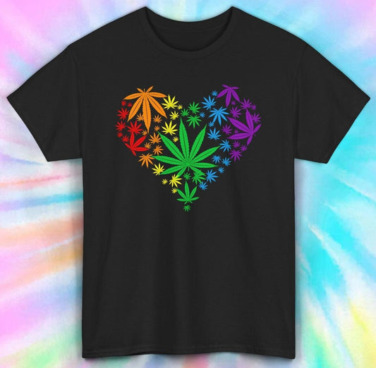Rainbow marijuana heart t-shirt featuring cannabis leaf design on a black tee.