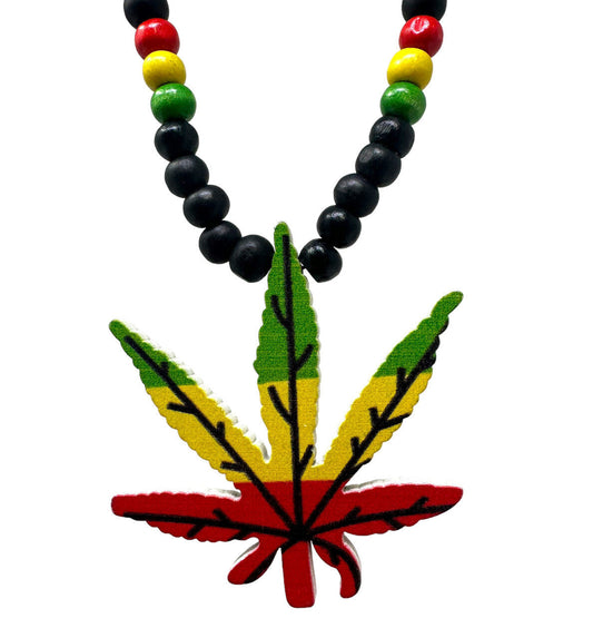 Marijuana leaf pendant wood beaded necklace in Rasta colors.